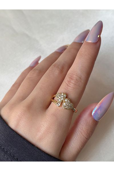 Eylülün Takısı Women's Gold Color Stone Double Heart Ring