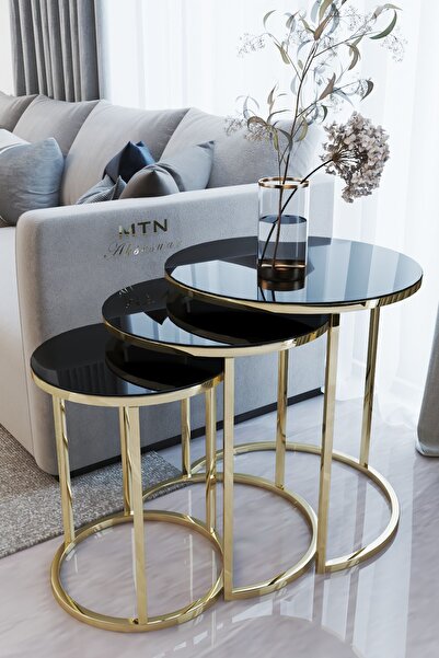 home plus mobilya 3'lü & Bohem Sehpa & Zigon Sehpa & Orta Sehpa & Modern Sehpa Takımı & Gold Ayak Siyah Ayna