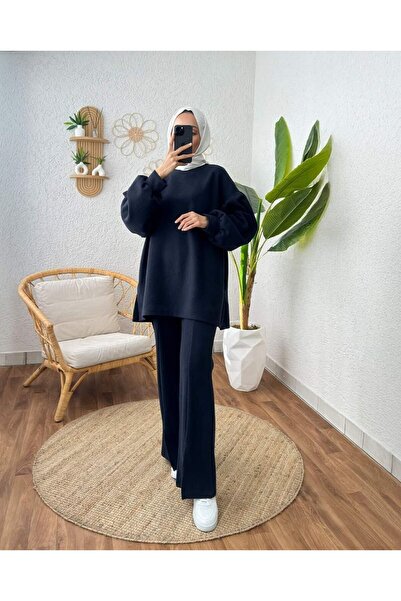 RFK Butik طقم نسائي مزدوج بفتحة على الساق باللون الأزرق الداكن