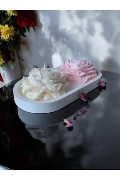 Stone Store Beyaz & Pembe Şakayık Gül Mum ve Oval Tabak Set (Renk seçeneği iç...