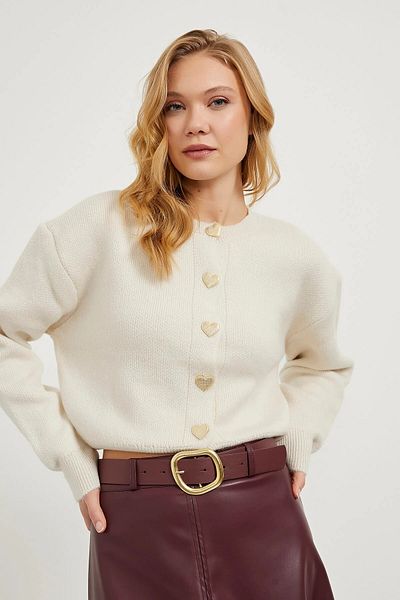 UMYAL Women's Ecru Knitwear Cardigan with Gold Heart Detail