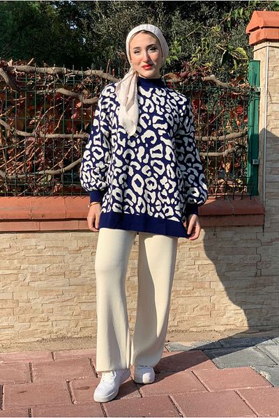 Moda Rosa 25K4416 - Dark Blue - Patterned Knitting Sweater