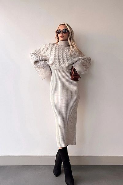 Modabenna High-Top Braided Sweater and Knitwear Dress Set