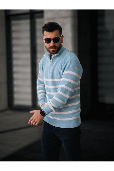 Baycombine35 Men's Stand Collar Half Zipper Thin Striped Knitwear Sweater