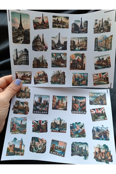 Pink Swan Craft Vintage Ülke Kartpostalları Etiket Seti, Bullet Journal, Planlayıcı Stickers