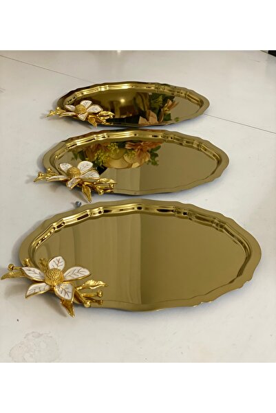 SEVA ÇELİK GOLD OVAL PAPATYA DETAY 3 lü  ÇAY KAHVE SERVİS İKRAM SUNUM SÖZ NİŞ...
