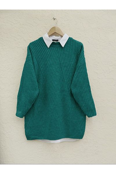 Modamorfo Emerald Colored Diamond Patterned Running Knitwear Tunic