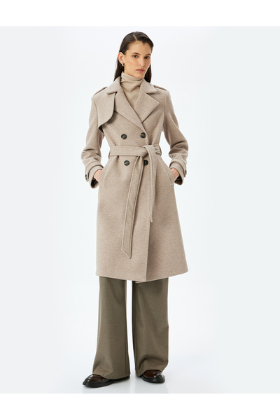 Koton Ζώνη Λεπτομερές παλτό με διπλό γιακά μακρύ κασμίρ