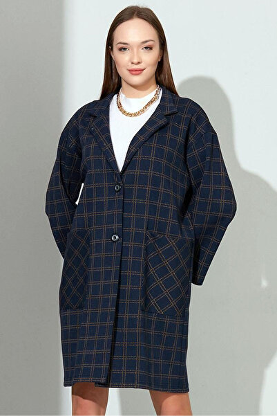 Naliru Çizgili Kareli Desenli Düğmeli Kapamalı Apaş Ceket Yaka Diz Üstü Astar...