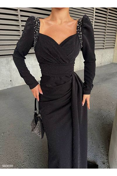 maf collection Women's Black Silvery Shoulder Stone Detailed Evening Dress