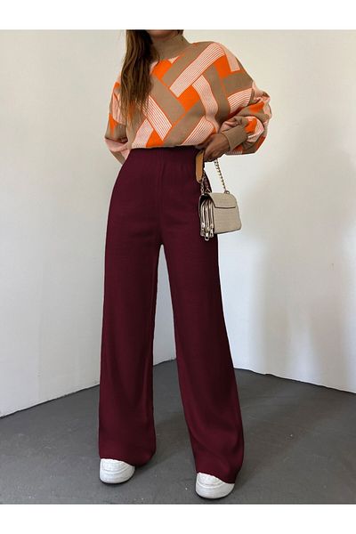 Modamorfo Burgundy Loose Knitwear Trousers