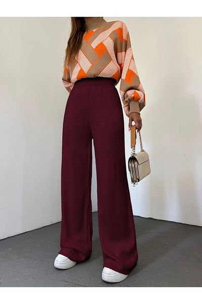Modamorfo Burgundy Loose Knitwear Trousers