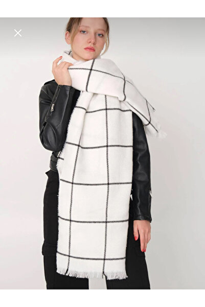 ŞURA ŞAL Λευκό-Μαύρο καρό χειμωνιάτικο κασκόλ με σάλι