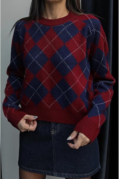 Havoş Pulover albastru bleumarin roșu claret Haley cu model diamantat