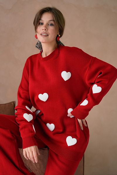 WOMAN VISION Low Sleeve Crew Neck Heart Print Sweatshirt and High Waist Pants Bottom Top Red Knitwear Suit 3114