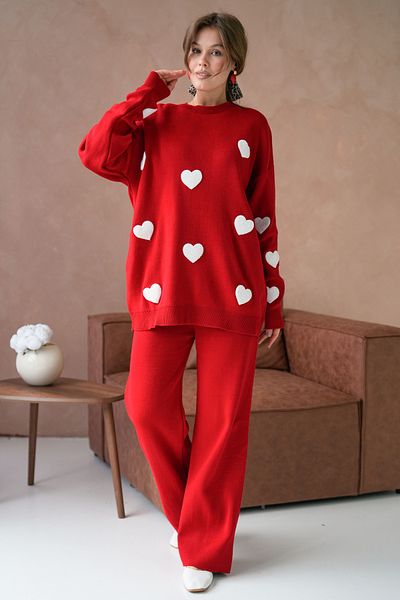 WOMAN VISION Low Sleeve Crew Neck Heart Print Sweatshirt and High Waist Pants Bottom Top Red Knitwear Suit 3114
