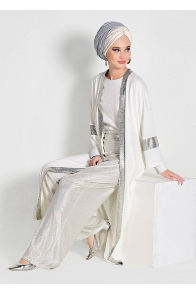 TRENDTESETTÜR Women's Ecru Silvery Stripe Detailed Cardigan 75571