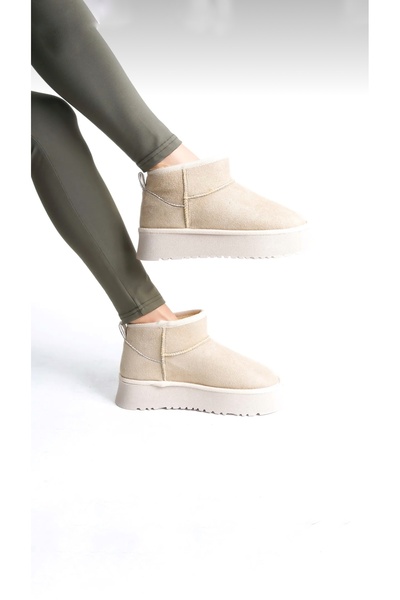 Holdays Kadın içi suni kürk kalın tabanlı bej süvet kadın kısa bot