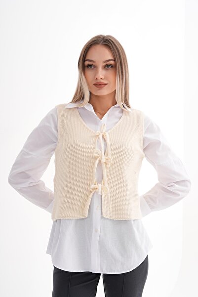 ŞİMAL Жіночий жилет з переднім застібанням, детально в'язаний з трикотажу 245329 -