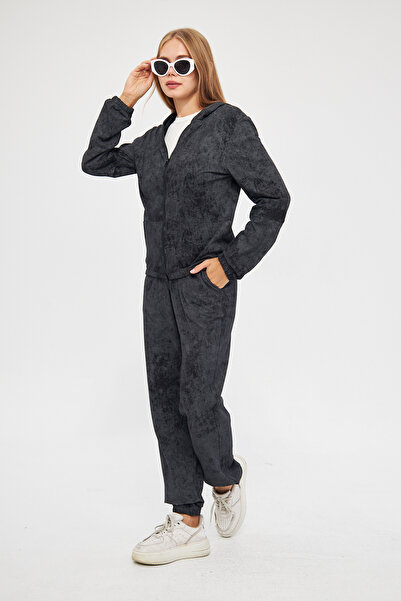 ESPİNA Kadın Asit Yıkama Efektli Batik Desen Önü Fermuarlı Etek Kol Lastikli Kapüşonlu Eşofman Takımı