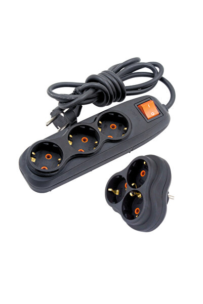 Nilson Quattro Siyah 3'lü Anahtarlı Topraklı Grup Priz 2 Metre Golyat Hediyeli
