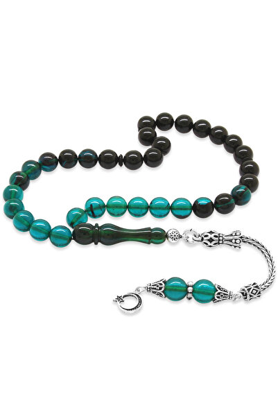 Tesbihane 925 проба срібла з бахромою, куля з вирізом, прозорий бірюзовий бурштин, чотки