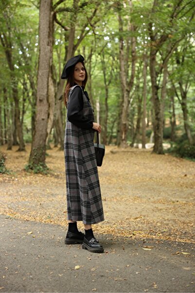 KÜÇÜĞÜM BUTİK Gri Ekose Uzun Kışlık V Yaka Jile Elbise