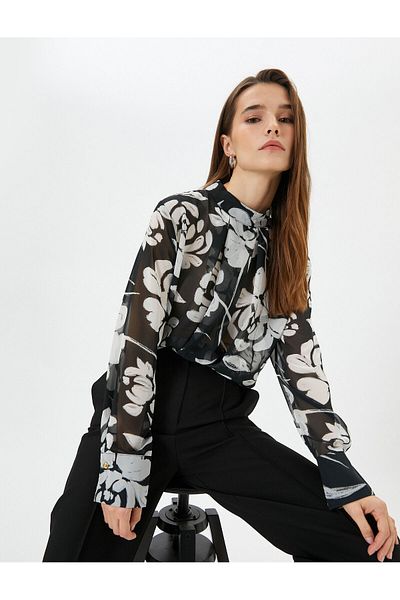 Koton Floral σιφόν μπλούζα με ψηλό λαιμό μακρυμάνικο