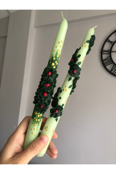 Elif Design 2’li yeşil kabartmalı çiçekli mum seti / noel mum / yılbaşı yeniy...