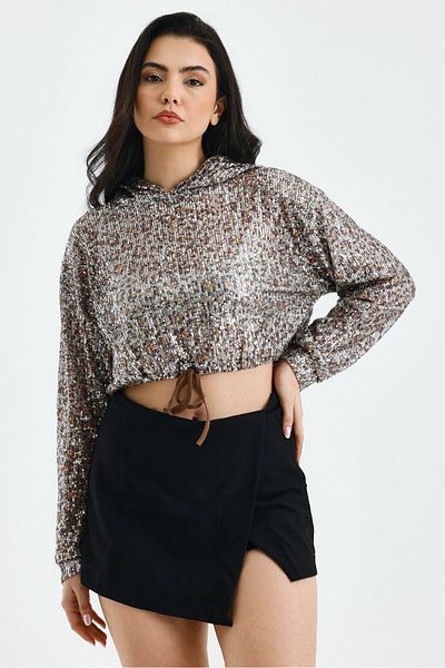 soBasic Bluză de transpirație cu mânecă lungă cu glugă din țesătură cu paiete cu model leopard-L - Leopard