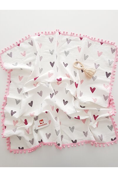 ilkimbebe 85X90 Heart Cloud Pompom Muslin Baby Blanket - 100% Cotton Single Layer