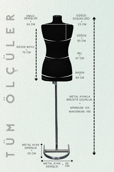 Acar Raf Terzi Mankeni Süngerli Prova Mankeni Siyah Kumaş Kaplamalı 36 Beden