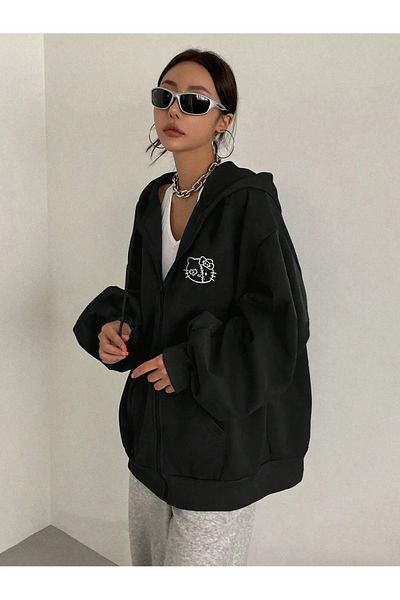pandy Hello Kitty Printed Unisex Hooded Kangaroo Pocket Oversize Seasonal Zip-Up Sweatshirt / Cardigan