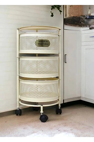 Bayev 3 Katlı Yana Açılır Krem Tekerlekli Patates Soğan Sepeti Sebze Meyve Sepeti Sebzelik