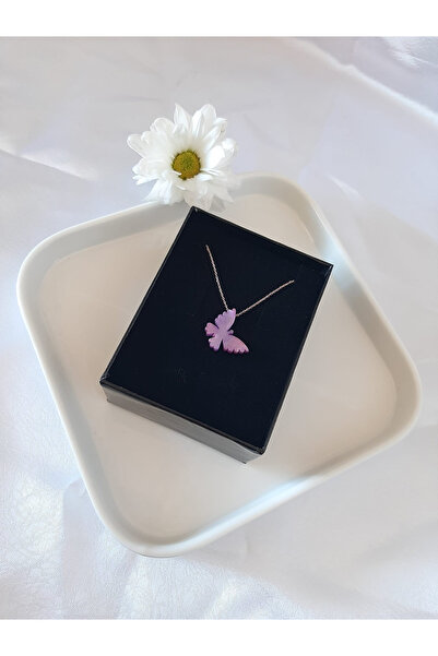 klas gümüş Gümüş Ametist Rose Kelebek Kolye