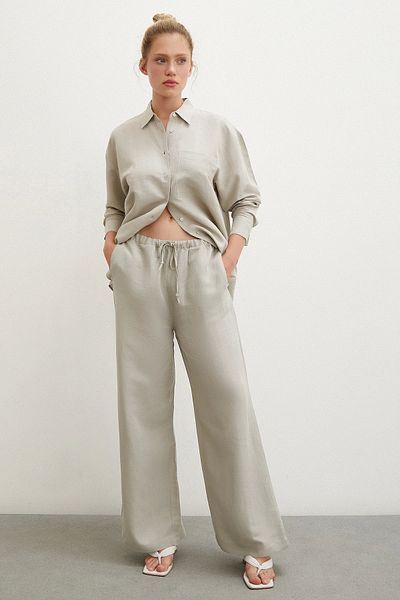 Never more Khaki Colored Wide Leg and Elastic Waist Trousers