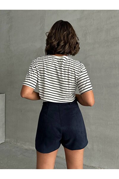 AtegeWear TREND KEMERLİ LACİVERT SÜET ŞORT ETEK