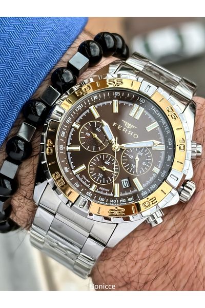 FERRO Brand Steel Band, Silver Color, Brown Dial Men's Wrist Watch + Bracelet Gift