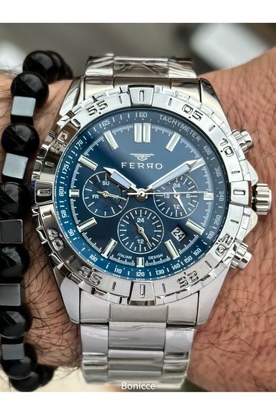 FERRO Brand Functions Active, Steel Band, Silver Color, Navy Blue Dial Men's Wrist Watch Bracelet Gift
