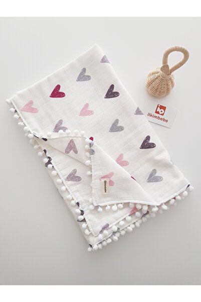 ilkimbebe Double Layer Heart Muslin Baby Blanket - 85X90 Pompom, 100% Cotton