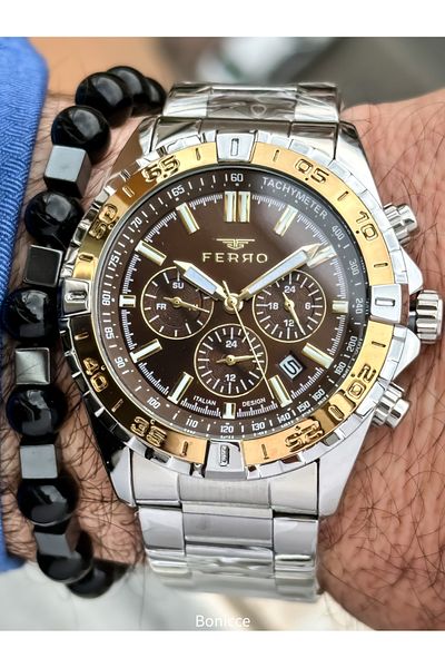 FERRO Brand Steel Band, Silver Color, Brown Dial Men's Wrist Watch + Bracelet Gift