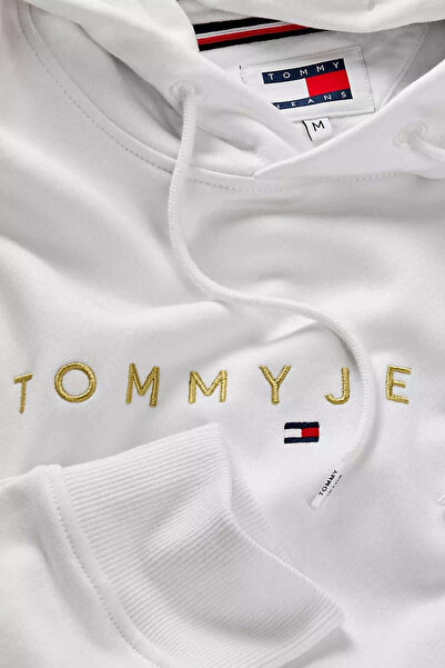 Tommy Hilfiger Erkek Altın Yazı Kapüşonlu Sweatshirt - Beyaz