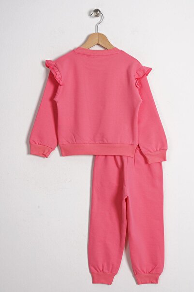 zepkids Crew Neck Long Sleeve Cat Printed Dark Pink Color Girl's Tracksuit Set