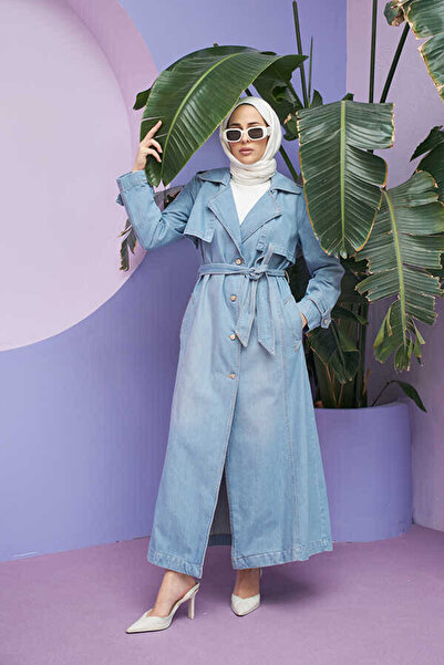 Neways 6458-Allerli Denim Trençkot Mavi