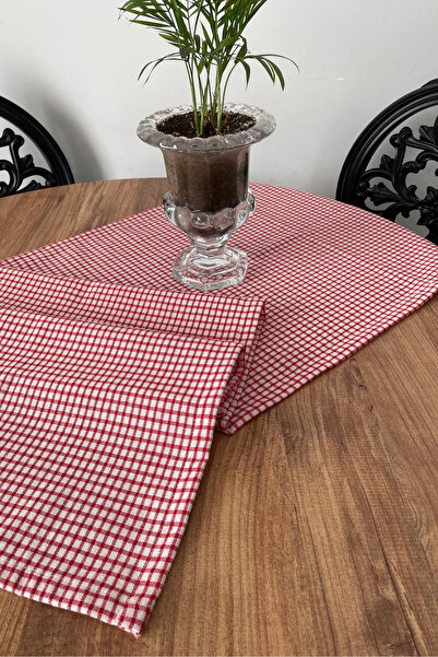 KAMİZ Red Gingham Linen Runner 40X150 cm