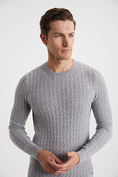 Hemington Saç Örgü Desen Lambswool Açık Gri Kazak