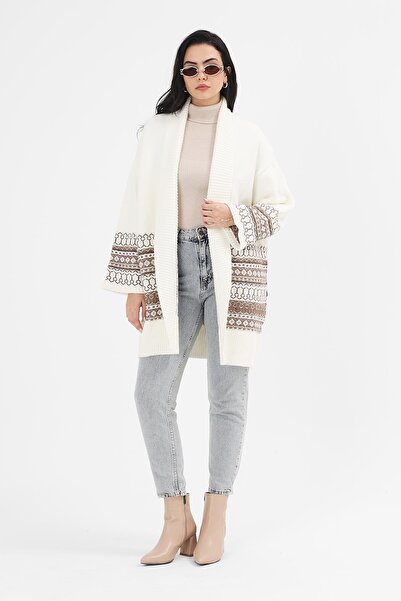 Uludağ Triko Жіночий білий етнічний візерунок шаль комір трико довгий кардиган
