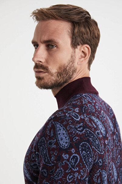 Hemington İpek Merino Yün Karışımlı Bordo Boğazlı Kazak