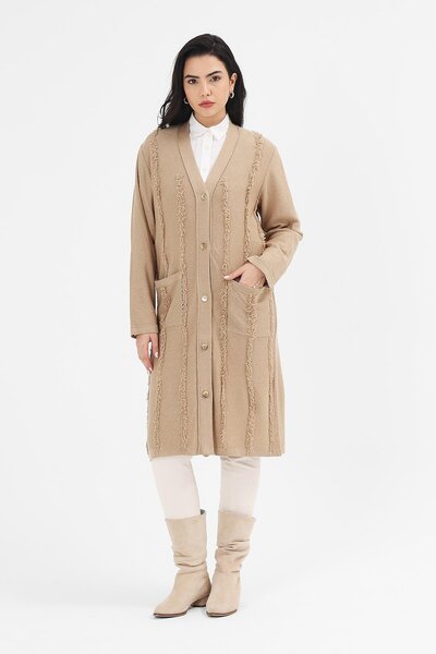 Uludağ Triko Women's Milk Coffee Tasseled Long Cardigan