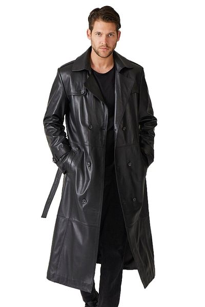 Deriderim Black Matrix Double Breasted Trench Coat - Men's Genuine Leather Coat with Button Closure, Slit and Belt